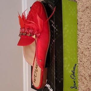 Sam Edelman Landis in red satin, feathers